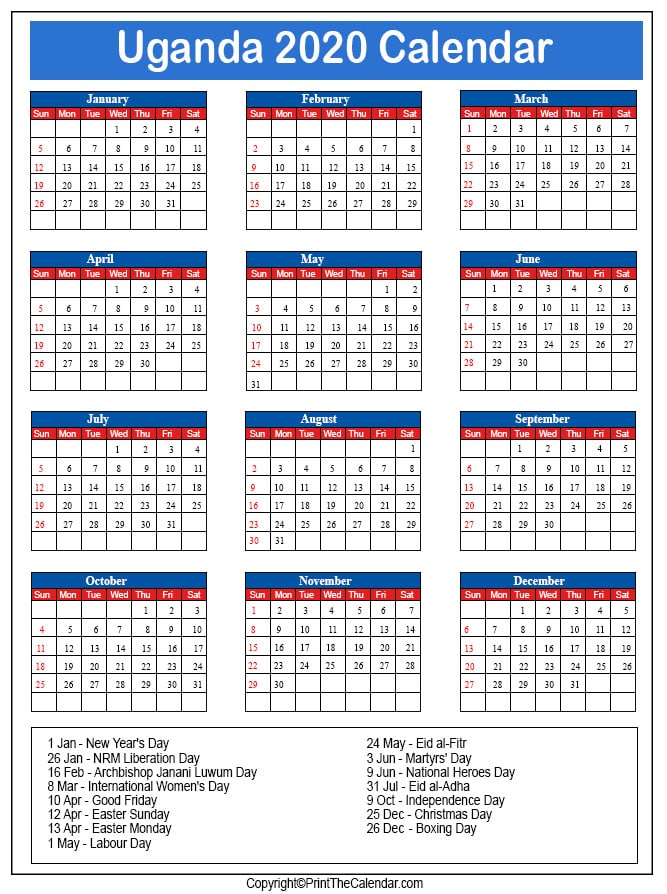 Uganda Printable Calendar 2020